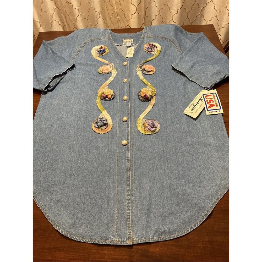 VTG Monique Fashions Sz 3X Glamour Denim Shirt Jacket‎ Pearls Silk Flowers USA